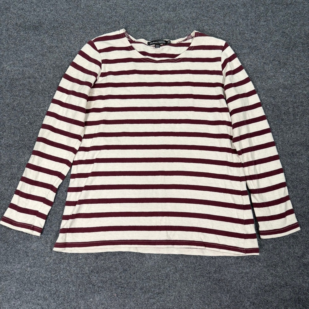 Gudrun Sjoden Womens Striped Long Sleeve Cotton Top Burgundy Cream Size M